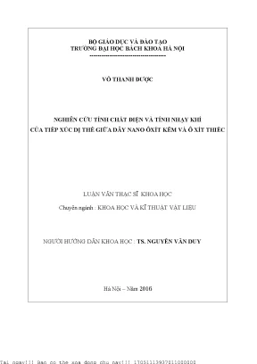 Nghiên ứu tính chất điện và tính nhạy khí của tiếp xúc dị thể giữa dây nano ôxít kẽm và ôxít thiếc