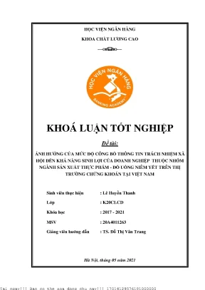 Ảnh hưởng của mức độ công bố thông tin trách nhiệm xã hội đến khả năng sinh lợi của doanh nghiệp thuộc nhóm ngành sản xuất thực phẩm đồ uống niêm yết trên thị trường chứng khoán tại việt nam