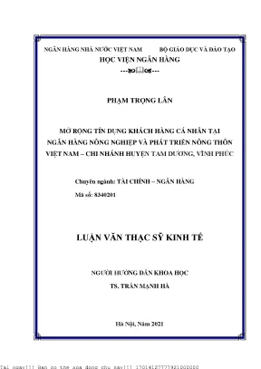 Mở rộng tín dụng khách hàng cá nhân tại ngân hàng nông nghiệp và phát triển nông thôn việt nam chi nhánh huyện tam dương tỉnh vĩnh phúc