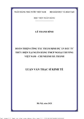 Hoàn thiện công tác thẩm định dự án đầu tư thủy điện tại ngân hàng tmcp ngoại thương việt nam chi nhánh hà thành