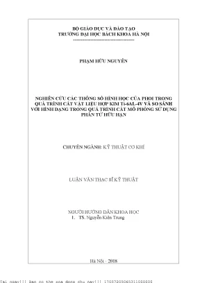 Nghiên ứu á thông số hình họ ủa phôi trong quá trình ắt vật liệu hợp kim ti 6al 4v và so sánh với hình dạng trong quá trình ắt mô phỏng sử dụng phần tử hữu hạn