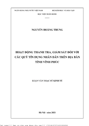 Hoạt động thanh tra giám sát đối với các quỹ tín dụng nhân dân trên địa bàn tỉnh vĩnh phúc
