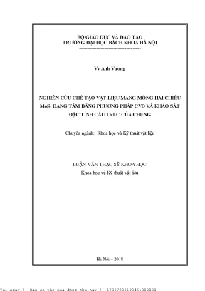 Nghiên ứu chế tạo vật liệu màng mỏng hai chiều mos2 dạng tấm bằng phương pháp cvd và khảo sát đặc tính cấu trúc của chúng