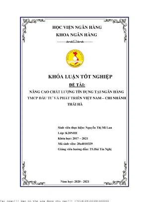 Nâng cao chất lượng tín dụng tại ngân hàng thương mại cổ phẩn đầu tư và phát triển việt nam chi nhánh thái hà