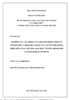 Nghiên cứu tác động của truyền miệng điện tử ewom đến ý định mua hàng của người tiêu dùng trên nền tảng thương mại trực tuyến trong bối cảnh đại dịch covid 19