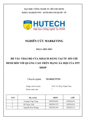 Đề tài thái độ của khách hàng tại tp hồ chí minh đối với quảng cáo trên mạng xã hội của fpt shop