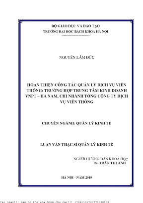 Hoàn thiện ông tá quản lý dịh vụ viễn thông trường hợp trung tâm kinh doanh vnpt hà nam hi nhánh tổng ông ty dịh vụ viễn thông