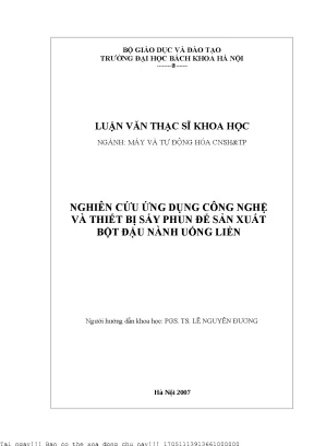 Nghiên ứu ứng dụng công nghệ và thiết bị sấy phun để sản cuất bột đậu nành uống liền