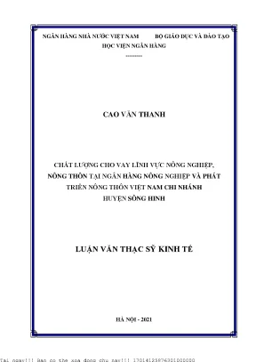 Chất lượng cho vay lĩnh vực nông nghiệp nông thôn tại ngân hàng nông nghiệp và phát triển nông thôn việt nam chi nhánh huyện sông hinh