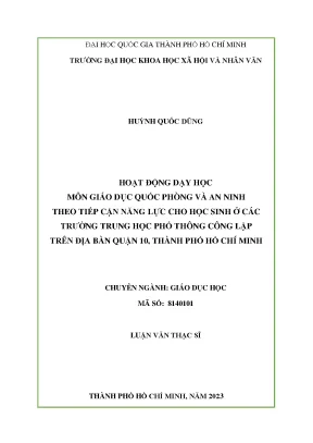 Hoạt động dạy học môn giáo dục quốc phòng và an ninh theo tiếp cận năng lực cho học sinh ở các trường trung học phổ thông công lập trên địa bàn quận 10 thành phố hồ chí minh