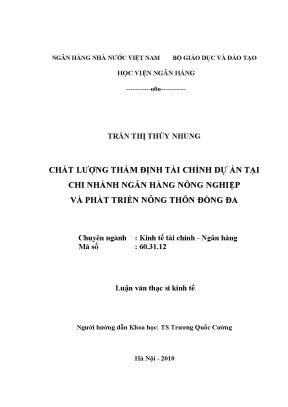 Chất lượng thẩm định tài chính dự án tại chi nhánh ngân hàng nông nghiệp và phát triển nông thôn đống đa