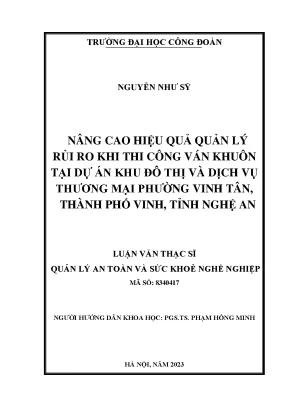 Nâng cao hiệu quả quản lý rủi ro khi thi công ván khuôn tại dự án khu đô thị và dịch vụ thương mại phường vinh tân thành phố vinh tỉnh nghệ an