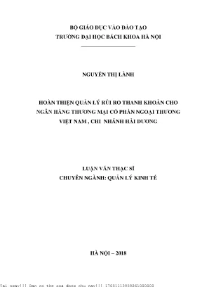 Hoàn thiện quản lý rủi ro thanh khoản ho ngân hàng thương mại cổ phần ngoại thương việt nam chi nhánh hải dương