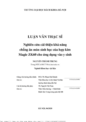 Nghiên ứu ải thiện khả năng hống ăn mòn sinh họ ủa hợp kim magie zk60 ho ứng dụng vào y sinh