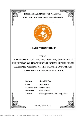 An investigation into english major students perception of teacher correctiv e feedback on academic writing at the faculty of foreign languages at banking academy