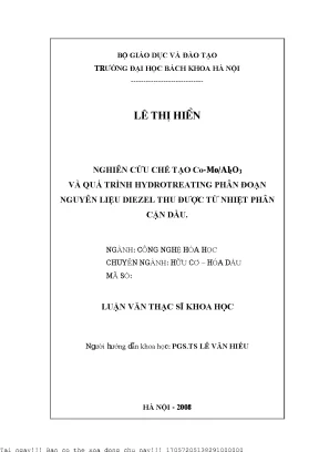 Nghiên ứu chế tạo co moal2o3 và quá trình hydrotreating phân đoạn nguyên liệu diezel thu được từ nhiệt phân cặn dầu