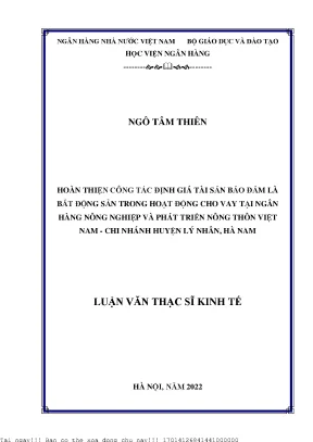 Hoàn thiện công tác định giá tài sản bảo đảm là bất động sản trong hoạt động cho vay tại ngân hàng nông nghiệp và phát triển nông thôn việt nam chi nhánh huyện lý nhân hà nam