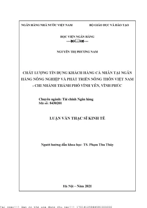 Chất lượng tín dụng khách hàng cá nhân tại ngân hàng nông nghiệp và phát triển nông thôn việt nam chi nhánh thành phố vĩnh yên vĩnh phúc