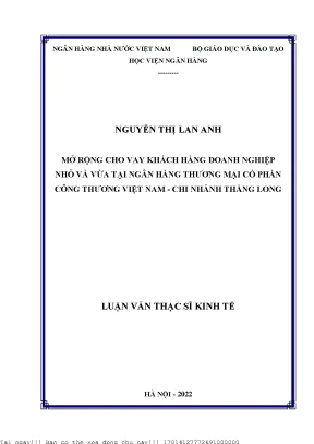 Mở rộng cho vay khách hàng doanh nghiệp nhỏ và vừa tại ngân hàng thương mại công thương việt nam chi nhánh thăng long