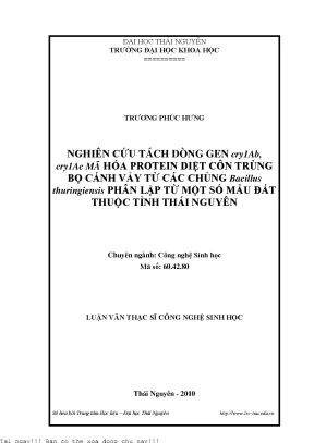 Nghiên cứu tách dòng và đọc trình tự gen cry1ab cry1ac mã hóa protein tinh thể diệt côn trùng bộ cánh vảy từ các chủng bacillus thuringiensis phân lập từ một số