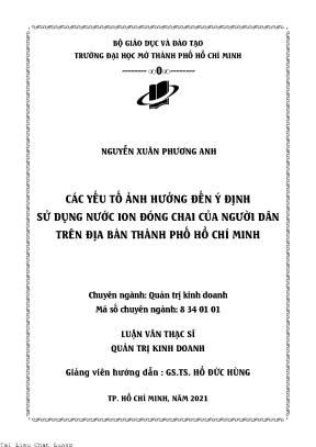 Các yếu tố ảnh hưởng đến ý định sử dụng nước ion đóng chai của người dân trên địa bàn thành phố hồ chí minh