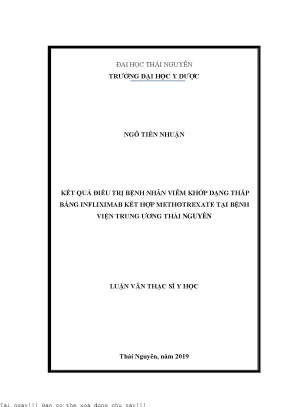 Kết quả điều trị bệnh nhân viêm khớp dạng thấp bằng infliximab kết hợp methotrexate tại bệnh viện trung ương thái nguyên