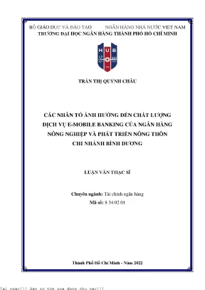Các nhân tố ảnh hưởng đến chất lượng dịch vụ e mobile banking của ngân hàng nông nghiệp và phát triển nông thôn chi nhánh bình dương 2022