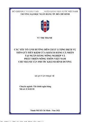 Các yếu tố ảnh hưởng đến chất lượng dịch vụ tiền gửi tiết kiệm của khách hàng cá nhân tại ngân hàng nông nghiệp và phát triển nông thôn việt nam chi nhánh tân phước khánh bình dương 2022