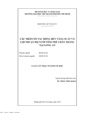 Các nhân tố tác động đến năng suất và lợi nhuận hộ nuôi tôm thẻ chân trắng tại long an