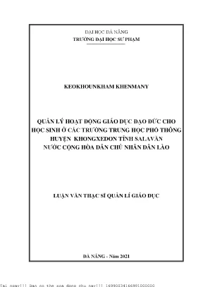 Quản lý hoạt động giáo dục đạo đức cho học sinh ở các trường trung học phổ thông huyện khongxedon tỉnh salavăn nước cộng hòa dân chủ nhân dân lào