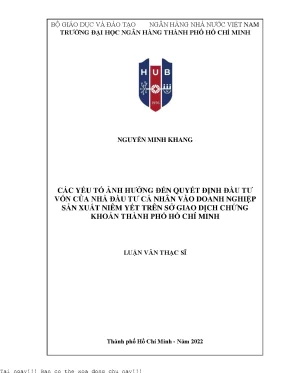 Các yếu tố ảnh hưởng đến quyết định đầu tư vốn của nhà đầu tư cá nhân vào doanh nghiệp sản xuất niêm yết trên sở giao dịch chứng khoán thành phố hồ chí minh 2022