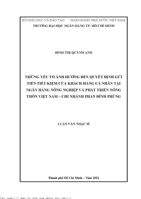 Những yếu tố ảnh hưởng đến quyết định gửi tiền tiết kiệm của khách hàng cá nhân tại ngân hàng nông nghiệp và phát triển nông thôn việt nam chi nhánh phan đình phùng 2022