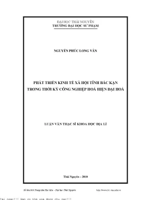 Phát triển kinh tế xã hội tỉnh bắc kạn trong thời kỳ công nghiệp hóa hiện đại hóa
