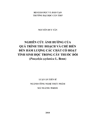 Nghiên cứu ảnh hưởng của quá trình thu hoạch và chế biến đến hàm lượng các chất có hoạt tính sinh học trong cây thuốc dòi pouzolzia zeylanica l benn