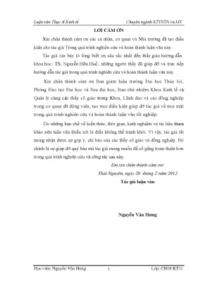 Phân tích đánh giá hiệu quả kinh tế của hệ thống các công trình thủy lợi trên địa bàn tỉnh thái nguyên trong giai đoạn quản lý khai thác