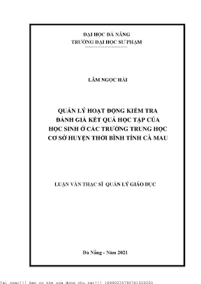 Quản lý hoạt động kiểm tra đánh giá kết quả học tập của học sinh ở các trường trung học cơ sở huyện thới bình tỉnh cà mau