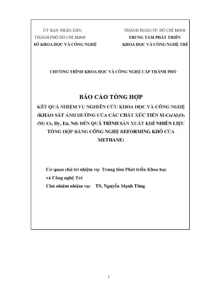 Khảo sát ảnh hưởng của các chất xúc tiến m co al2o3 m ce dy eu nd đến quá trình sản xuất khí nhiên liệu tổng hợp bằng công nghệ reforming khô của methane