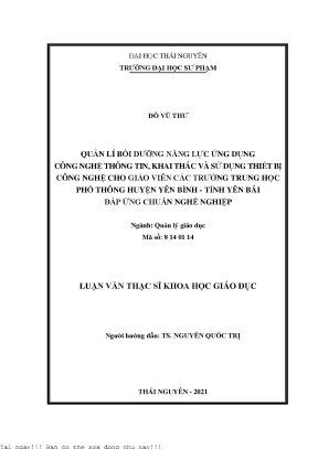 Quản lí bồi dưỡng năng lực ứng dụng công nghệ thông tin khai thác và sử dụng thiết bị công nghệ cho giáo viên các trường trung học phổ thông huyện yên bình tỉnh yên bái đáp ứng chuẩn nghề nghiệp