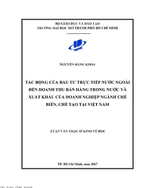 Tác động của đầu tư trực tiếp nước ngoài fdi đến doanh thu bán hàng trong nước và xuất khẩu của doanh nghiệp ngành chế biến chế tạo tại việt nam