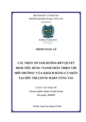 Các nhân tố ảnh hưởng đến quyết định tiêu dùng xanh thân thiện với môi trường của khách hàng cá nhân tại siêu thị lotte mart vũng tàu