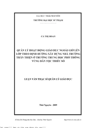 Quản lý hoạt động giáo dục ngoài giờ lên lớp theo định hướng xây dựng nhà trường thân thiện ở trường trung học phổ thông vùng dân tộc thiểu số