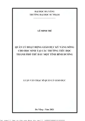 Quản lý hoạt động giáo dục kỹ năng sống cho học sinh tại các trường tiểu học thành phố thủ dầu một tỉnh bình dương