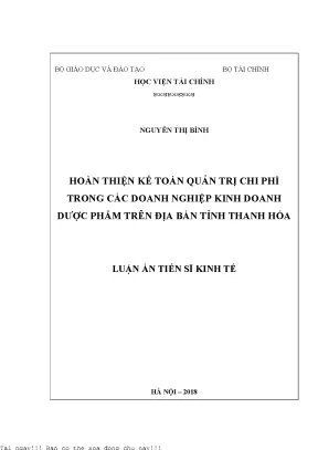 Hoàn thiện kế toán quản trị chi phí trong các doanh nghiệp kinh doanh dược phẩm trên địa bàn tỉnh thanh hóa