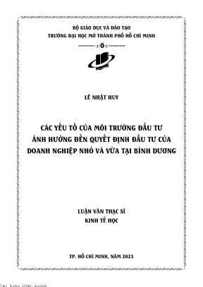 Các yếu tố của môi trường đầu tư ảnh hưởng đến quyết định đầu tư của doanh nghiệp nhỏ và vừa tại bình dương