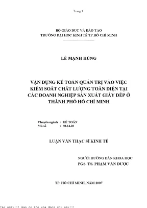Vận dụng kế toán quản trị vào việc kiểm soát chất lượng toàn diện tại các doanh nghiệp sản xuất giầy dép ở thành phố hồ chí minh