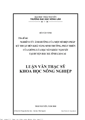 Nghiên cứu ảnh hưởng của một số biện pháp kỹ thuật đến khả năng sinh trưởng phát triển của giống lúa đặc sản khẩu nậm xít tại huyện bắc hà tỉ