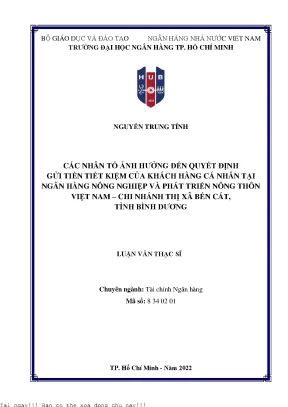 Các nhân tố ảnh hưởng đến quyết định gửi tiền tiết kiệm của khách hàng cá nhân tại ngân hàng nông nghiệp và phát triển nông thôn việt nam chi nhánh thị xã bến cát tỉnh bình dương 2022