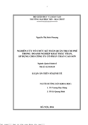 Nghiên cứu tổ chức kế toán quản trị chi phí trong doanh nghiệp khai thác than áp dụng cho công ty cổ phần than cao sơn