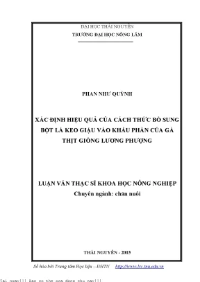 Xác định hiệu quả các của cách thức bổ sung bột lá keo giậu vào khẩu phần của gà thịt giống lương phượng