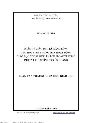 Quản lý giáo dục kỹ năng sống cho học sinh thông qua hoạt động giáo dục ngoài giờ lên lớp ở các trường phổ thông dân tộc nội trú thcs tỉnh tuyên quang